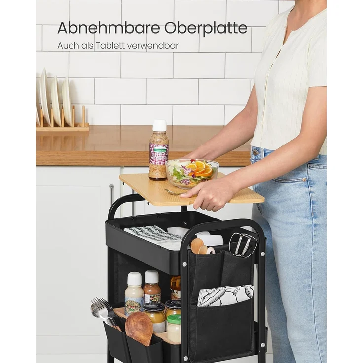Songmics Rollwagen, Küchenwagen, 3 Metallgitterablagen, Servierwagen, 2 abnehmbare Hängebehälter, 2 Organizer, für Büro, Küche Wohnzimmer, Badezimmer, – Bild 3