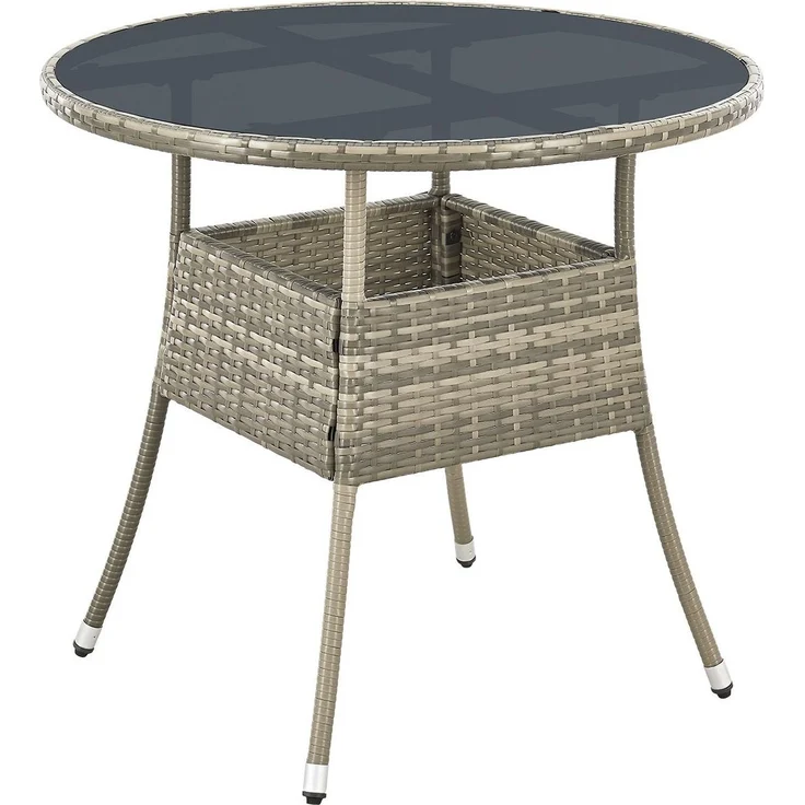 Juskys Polyrattan Gartentisch Yoro wetterfest - Balkontisch Ø 80 cm rund - Rattan Beistelltisch mit Glasplatte - kleiner Tisch für Balkon - Grau