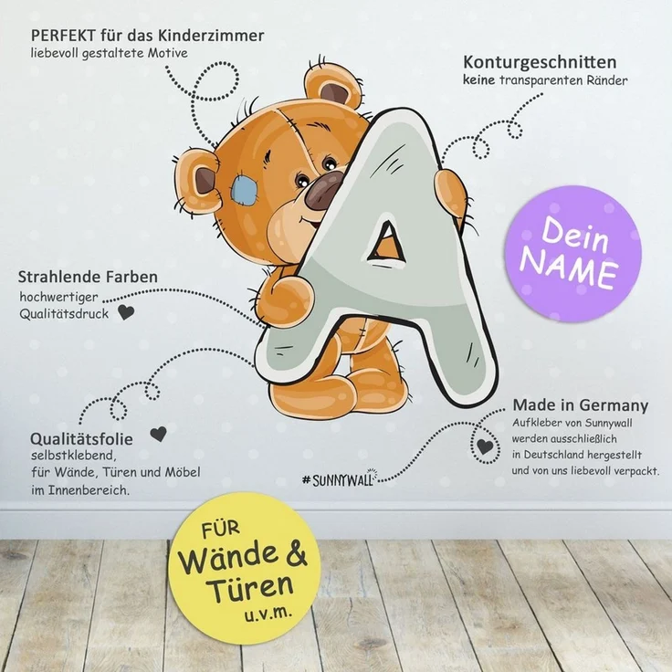 Sunnywall Wandtattoo Buchstaben ABC Bärchen Aufkleber für Wand & Tür (Buchstaben einzeln oder kombinierbar), selbstklebend, konturgeschnitten – Bild 4