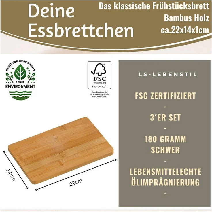 LS-LebenStil Frühstücksbrett 3x Holz Essbrettchen 22x14cm 3 ´er Set Bambus Küchenbrett Holzbrett, Holz, (nachhaltige Frühstücksbrettchen - Eßbrett Wurstbrett Käsebrett Stullenbrett, 3-St, Vesperbrett Brettchen Brotzeitbrett Schneidebrett Brot Obst Steak) – Bild 2