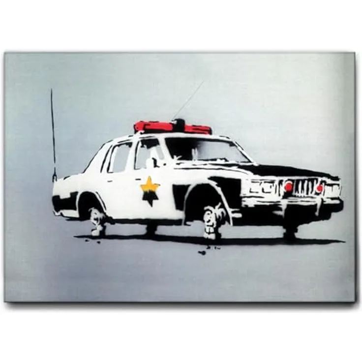 Giallobus Banksy Polizeiauto Gemälde auf Leinwand mit Standardrahmen, 70x50 cm, bereit zum Aufhängen, hochauflösender Druck, 100% made in Italy