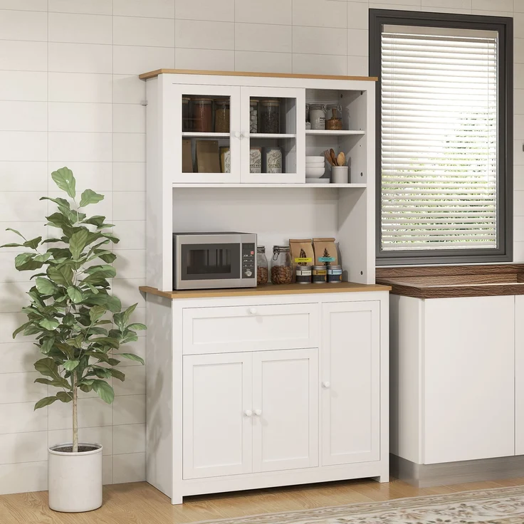 MELAYR, Küchenschrank im Landhausstil, 1 Vitrine, 1 offenes Regal, 1 Schublade, 2 Schränke, 100 x 40 x 180 cm, Weiß – Bild 3