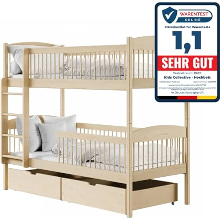 Kids Collective Kinderbett Hochbett Etagenbett 80x180, 90x190, 90x200 cm, mit 2 Schubladen, 80x180 cm von 3. bis 12. Lebensjahr, Natur – Bild 4