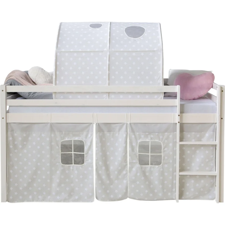 Hochbett mit Lattenrost 90x200 cm Kinderbett Tunnel Vorhang grau Sterne Holz Kiefer Jugendbett – Bild 6