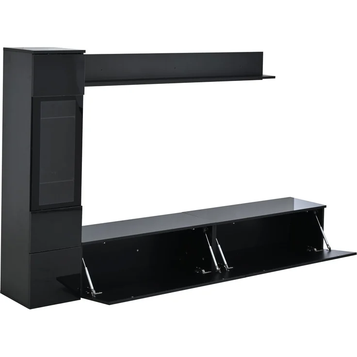 Flieks Wohnwand 3-teilig mit RGB-LED, TV-Lowboard, Vitrine und Wandregal für TVs bis 80 Zoll, Hochglanz Schwarz – Bild 9