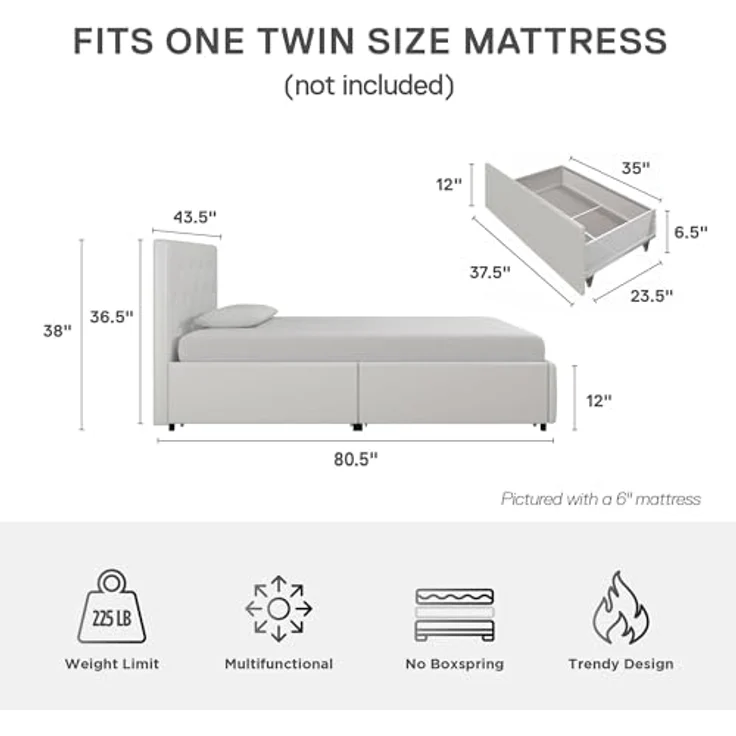 DHP Furniture Dakota Bed with Storage Drawers White PU Single – Bild 4