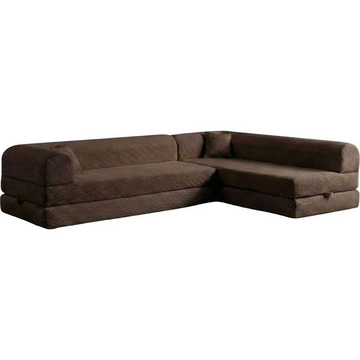 Ecksofa mit Schlaffunktion, 280 cm, Braun, 100% Gerippter Plüschstoff | 28 DNS Flexi-Schaumstoffkern, Abnehmbarer Bezug, 4 Kissen | Pfotenfreundlich & rutschfest