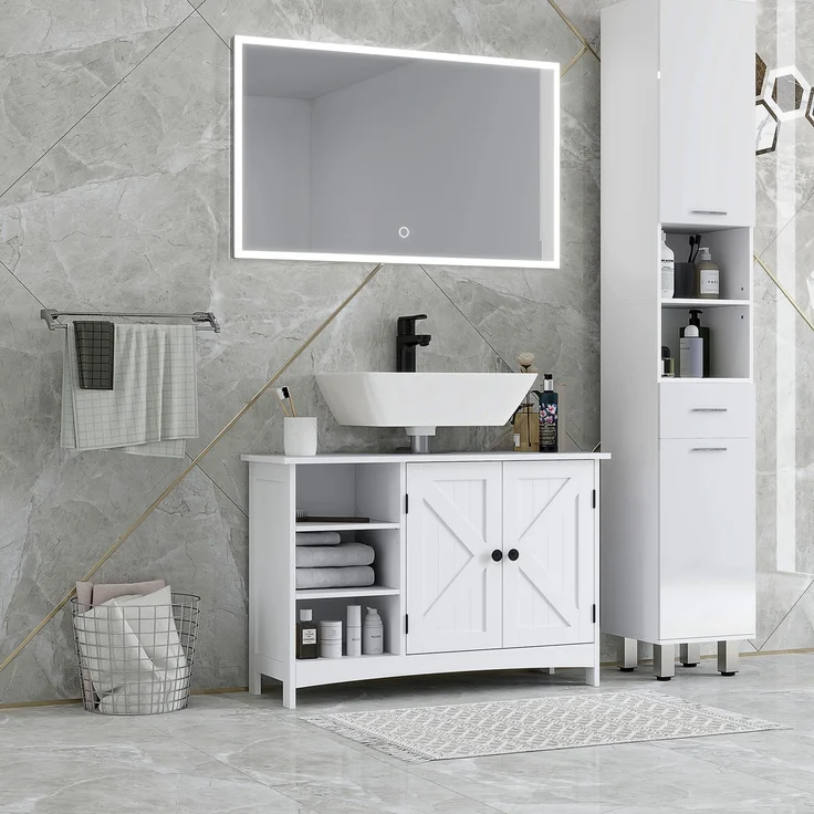 Waschtischunterschrank für das Badezimmer im klassischen Stil, Schrank mit 2 Türen und verstellbaren Einlegeböden, 90 x 30 x 60 cm, weiß – Bild 3