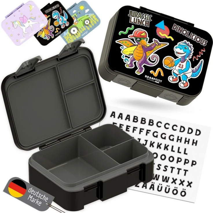 BEARFOOT Lunchbox Brotdose mit Fächern, leicht & auslaufsicher - Dinos schwarz, PP, ABS, Silikon, Kindergarten und Schule - Mädchen und Jungen, Vesperbox, Snackbox – Bild 1