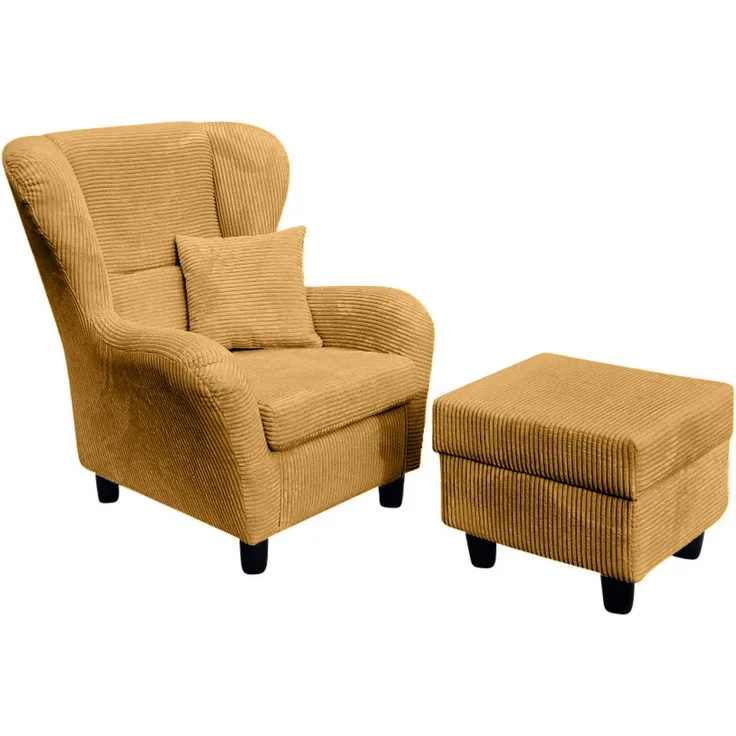 Ohrensessel mit Hocker Landhausstil Polster-TV-Lesesessel in Cord Gold Ockergelb