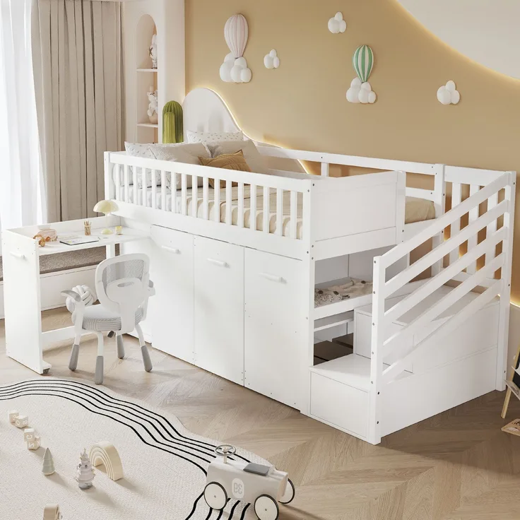 Abrihome Kinderbett Etagenbett 90x200 cm mit Fallschutz und Stauraum, Weiß