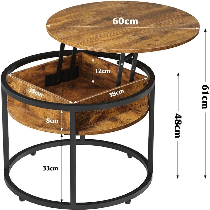 WLIVE Couchtisch Couchtisch Höhenverstellbarer Runder, 2-facher Stauraum & Ablage (Packung, 1 Tisch), Beistelltisch aus Holz & Metall, höhenverstellbar, 60 x 60 x 48-61 cm – Bild 3