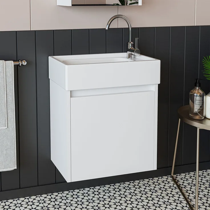 Roomart MINI-50 Badmöbel Set– 2-teiliges Badezimmermöbel Set - Waschbecken mit Unterschrank - H 45 x B 25 x T 49 cm • Weiß