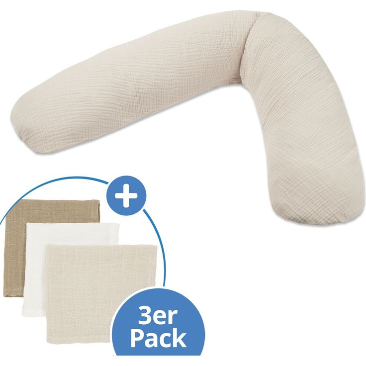 Theraline Dodo Premium Stillkissen, flexibles Kissen mit feiner Perlen-Füllung und Musselin-Bezug, 180 cm - Sandbeige, inkl. Gratis Mulltuch 3er Pack