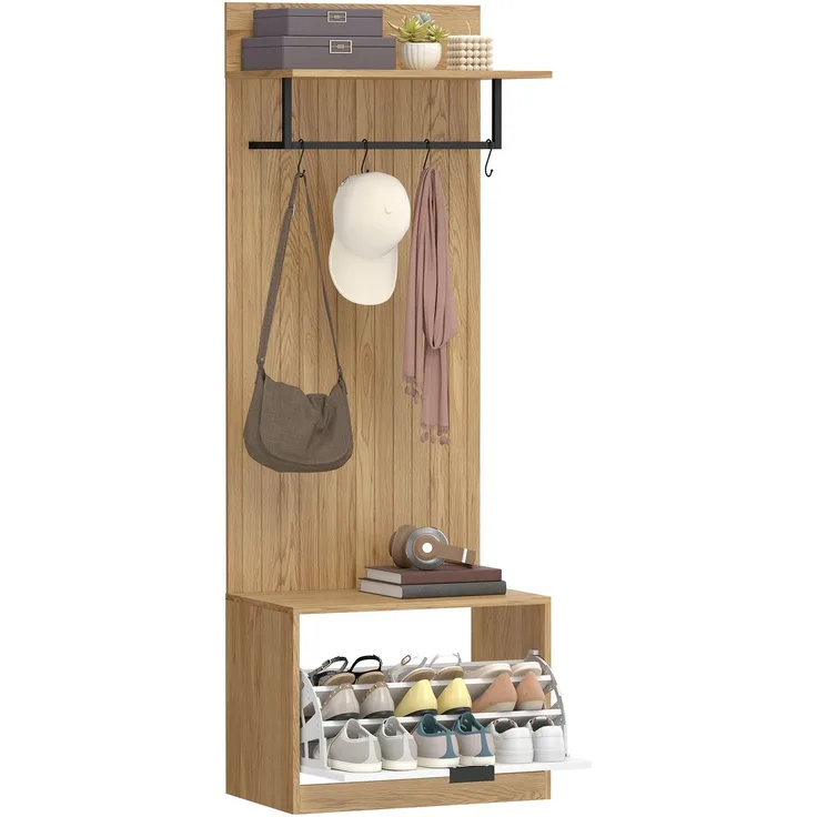MELAYR, 5-in-1-Eingangsbereichmöbel: Garderobenständer, klappbare Schuhbank, Ablage und 4 Haken, 60 x 30 x 170 cm, Eiche