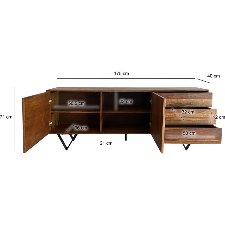 FineBuy Sideboard Sheesham Massivholz 175 cm 2 Türen & 3 Schubladen - Massive Retro Kommode Steinoptik - Design Natur Anrichte - Handmade Industrial – Bild 3