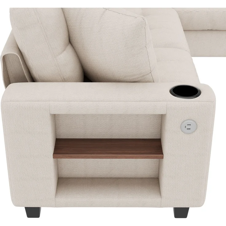 ZUBALIYA Modulare Wohnlandschaft, mit Stauraum, mit USB-C-Anschluss, modular kombinierbar, mit Getränkehaltern, mit Hocker, H 83 × T 216.5 × B 216.5 cm, Beige, Chenille – Bild 17