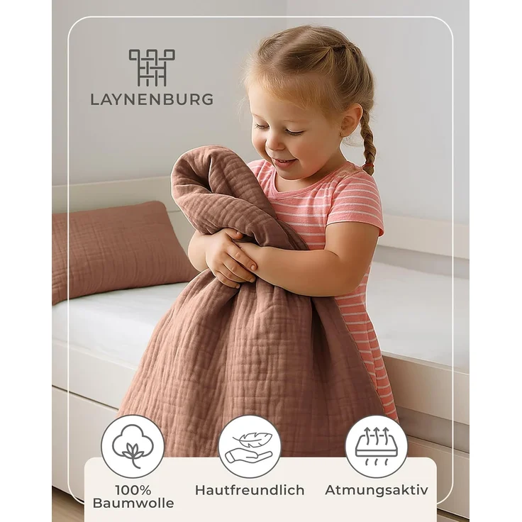 Laynenburg Kinderbettwäsche Musselin 2 teilig aus 100% Baumwolle in 100x135 cm + 40x60 cm, atmungsaktiv & bügelfrei – 3 lagig mit Reißverschluss & Haltebändern – Bild 4