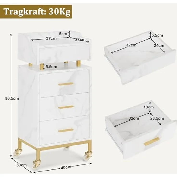 M MCombo Servierwagen mit Rollen & 4 Schubladen, Rollwagen Friseurwagen Weiß, Salon Trolley mit Ablage, Moderner Arbeitswagen für Bad Wohnzimmer, 0062 – Bild 3