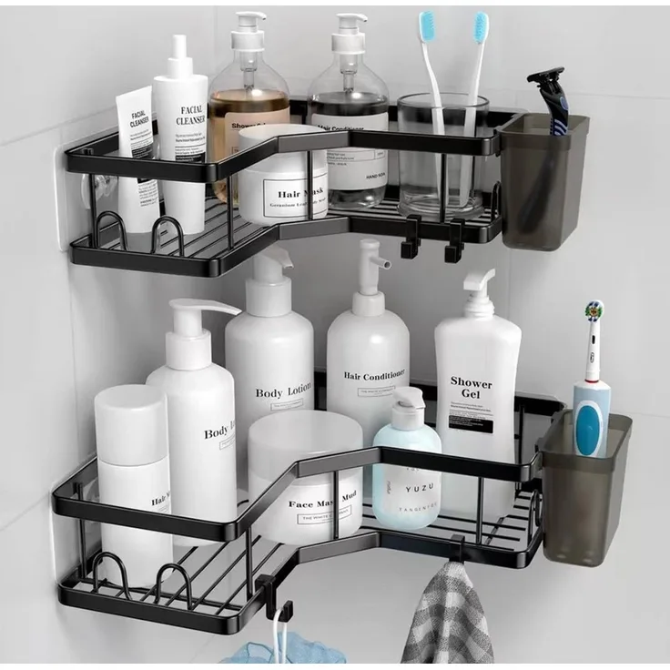 PFCTART Duschablage Ohne Bohren Schwarz Eckregal, Duschregal Schwarz Ecke 2 Stück, Badezimmer Organizer mit 4 Haken, Shower Shelf Dusche Zubehör