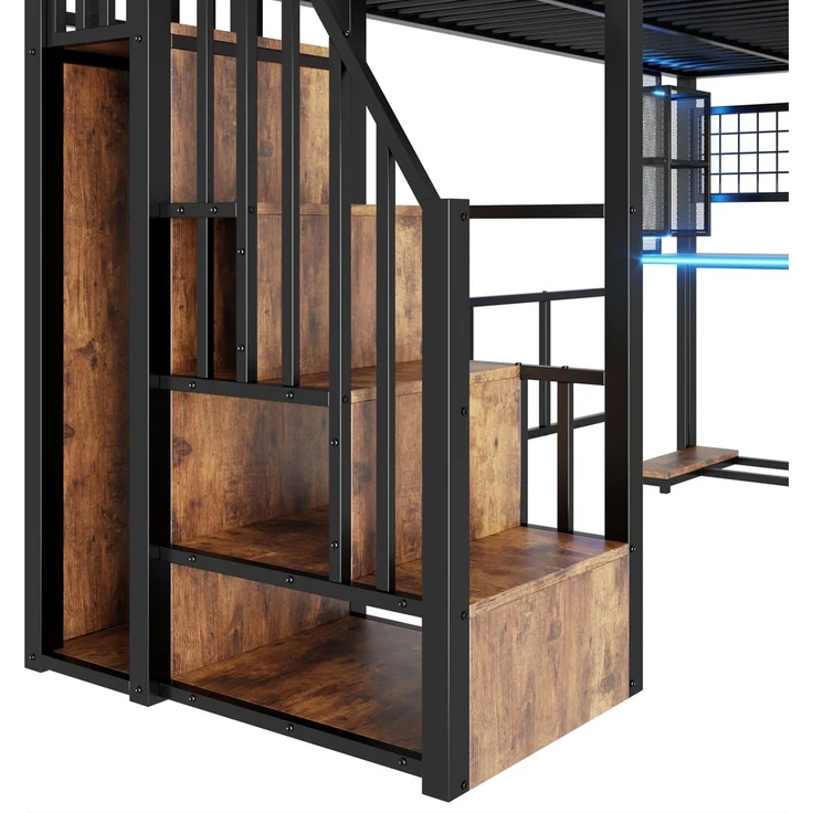 EINHOM Hochbett, 90 x 200 cm, mit LED-Leuchten, Ablageleiter, Schreibtisch, Kleiderschrank, Regale, Schwarz (Ohne Matratze) – Bild 5