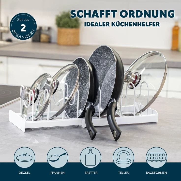 eluno Topfdeckel und Pfannenhalter 2er Set für 7 Töpfe, Pfannen, Deckel, Teller und Schneidebretter aus weißem Metall – Bild 2