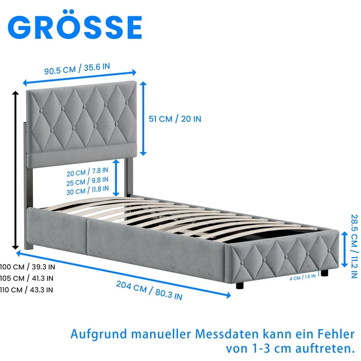 Polsterbett 90x200 cm mit Aufbewahrungsbox, Grau, Kunstleder, Lattenrost (ohne Matratze) – Bild 10