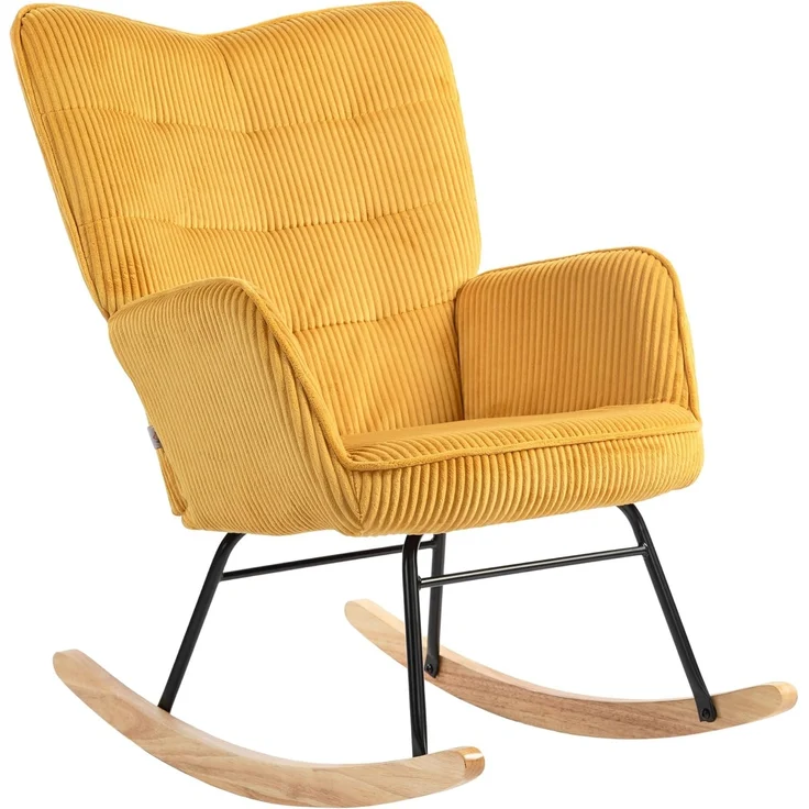 HOMCOM Schaukelstuhl Sessel mit Kord-Optik, Armlehne, Holzkufen (Schaukelsessel, 1 St), für Wohnzimmer, Schlafzimmer, Gelb – Bild 1