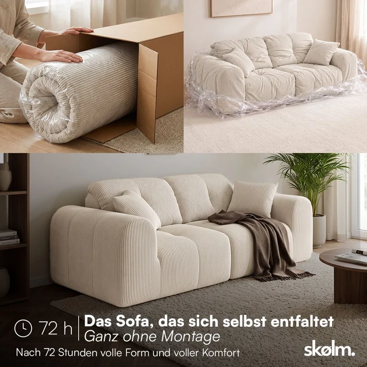 skølm 'Vanaheim' Sofa 2 Sitzer mit 2 Kissen, Cloud Sofa Cord beige, Vollschaumcouch mit Federkern und Vakuum-Kompression, kein Aufbau erforderlich – Bild 2