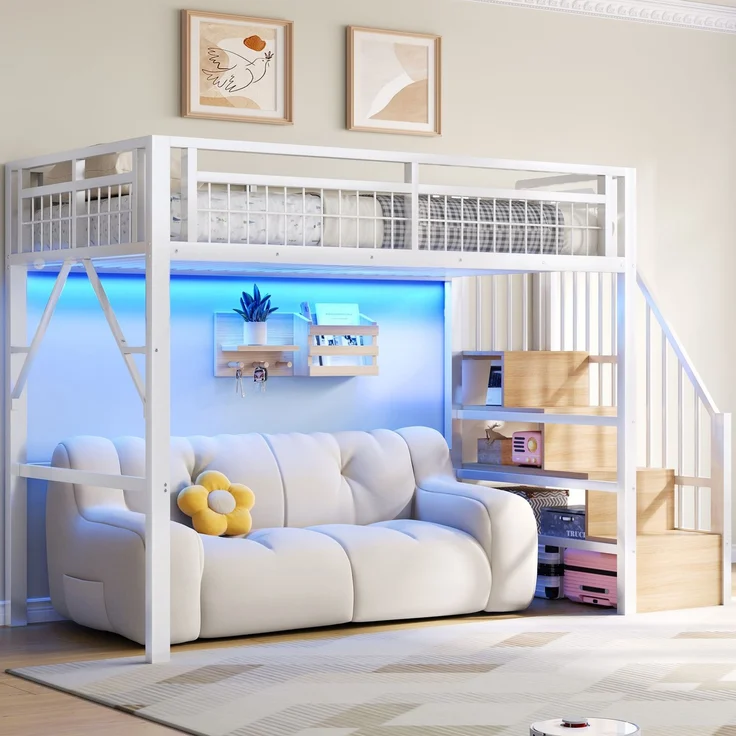 Hochbett, 90 x 200 cm, Eisenrahmen, mit LED-Lichtleiste, Treppenkonstruktionen mit Stauraum, Freier Raum zum Verkleiden nach, Ohne Matratze, Weiß – Bild 3