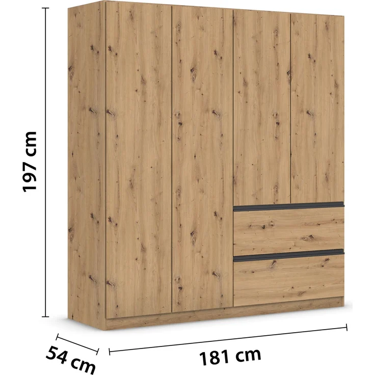 rauch Kleiderschrank, Drehtürenschrank COSTA, 4-türig, push-to-open, Eiche Artisan, 181 x 197 x 54 cm – Bild 4