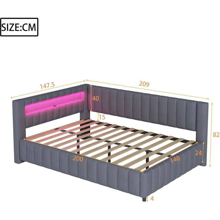 L Form Polsterbett Schlafsofa 140x200 cm Samt LED Beleuchtung USB Ladeanschluss mit Lattenrost Grau Tagesbett Gästebett mit Kopfteil – Bild 10