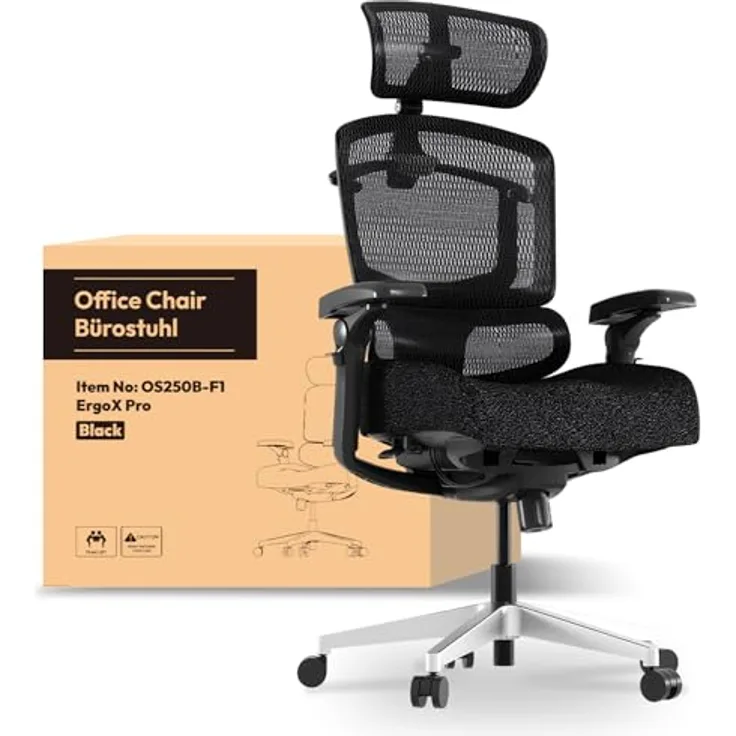 FLEXISPOT ErgoX, Ergonomischer Bürostuhl mit 12-stufiger Höhenverstellung, 7D-Armlehnen, 5D-Lendenstütze, 4D-Kopfstütze, 250 kg Belastbarkeit, Schaumstoffsitz (Schwarz)