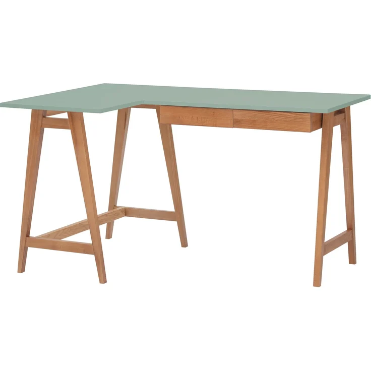 Ragaba Eckschreibtisch mit 2 Schubladen und Fußstütze, MDF & Massives Eschenholz Eichenbeize, 135x85 cm, Salbei Grün, Links – Bild 1