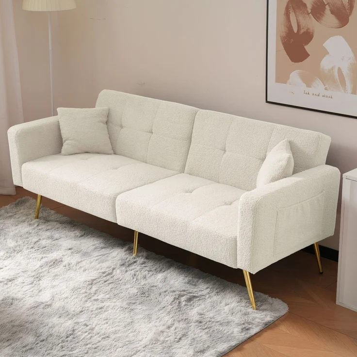 ZUBALIYA Schlafsofa 64x72 cm, mit Stauraum, mit Samtbezug, mit Schaumstoffpolsterung, aus Stoff: Sherpa, Weiß – Bild 2