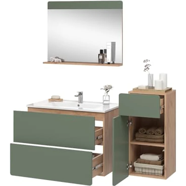 Vichy Badmöbelset Izan, 4-teiliges Badmöbel-Set in Goldkraft Eiche und Grün mit Midischrank – Bild 6