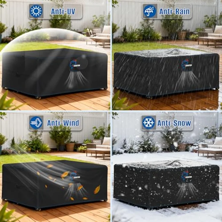 SIRUITON 120 x 120 x 74 cm Gartenmöbel Abdeckung mit Belüftungsöffnungen , Wasserdicht, Winddicht, UV-Beständiges, Schwerlast 420D Oxford Gewebe Schutzhülle für Gartentisch Sitzgruppe, Rechteckig -Schwarz – Bild 9