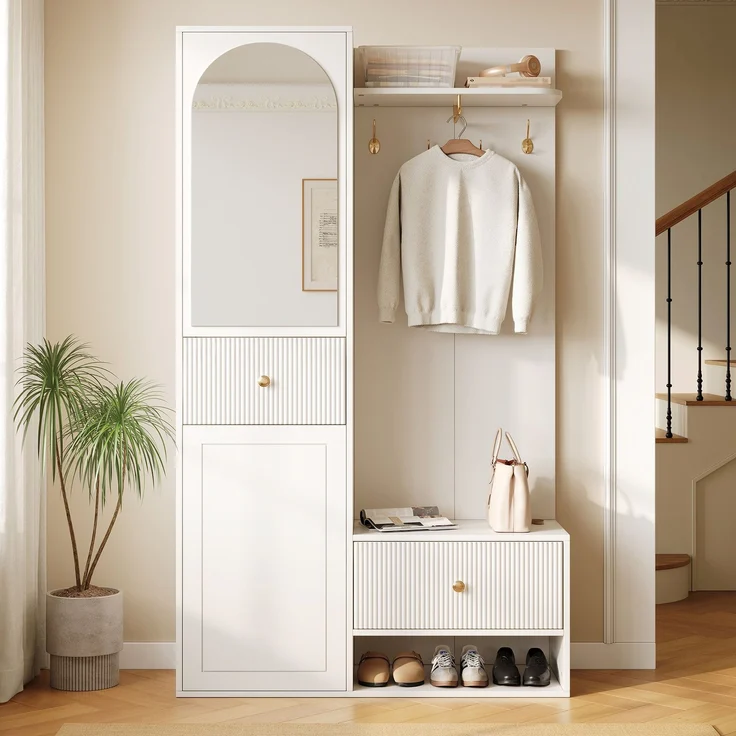 Flieks Garderoben-Set 100 x 35 x 175.5 cm mit Rundbogenspiegel, Türen, Schubladen und goldfarbenen Haken, Weiß – Bild 3