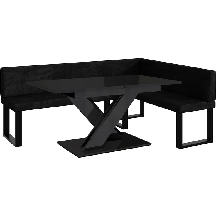 MEBLINI Eckbank für Esszimmer mit ausziehbarem Tisch - Küchenbank - Essecke - Sitzecke Küche - TONI - U-Beine 142x196x87cm Rechts - Graphit Samt/B Schwarz Hochgl.
