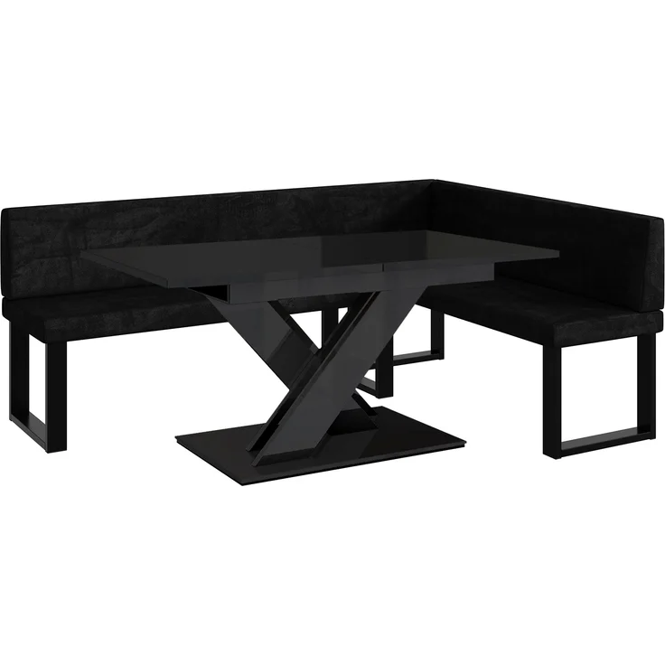 MEBLINI Eckbank für Esszimmer mit ausziehbarem Tisch - Küchenbank - Essecke - Sitzecke Küche - TONI - U-Beine 142x196x87cm Rechts - Graphit Samt/B Schwarz Hochgl. – Bild 1