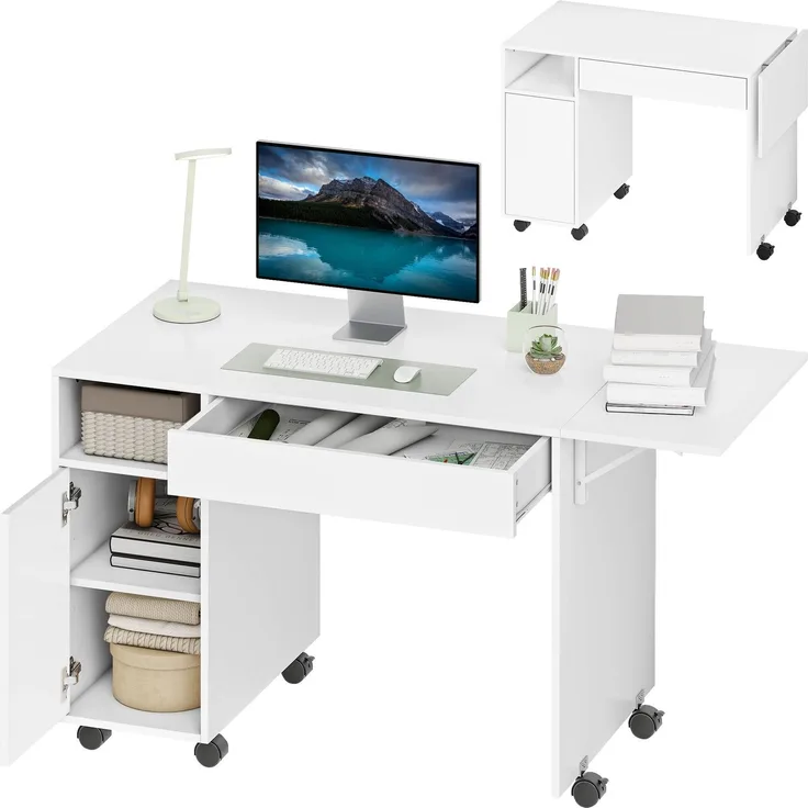 MELAYR, Rollbarer Computertisch, klappbarer Schreibtisch mit Schrank und Schublade, Spanplatte, Weiß, 130 x 58 x 73.2 cm