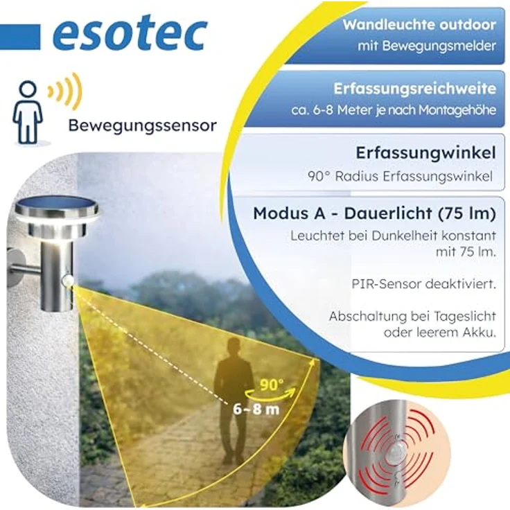 Esotec Solar PIR Wandleuchte Tini, Edelstahl Gehäuse, Bewegungsmelder, 40 LEDs, H=22cm, winterfest, silber – Bild 4