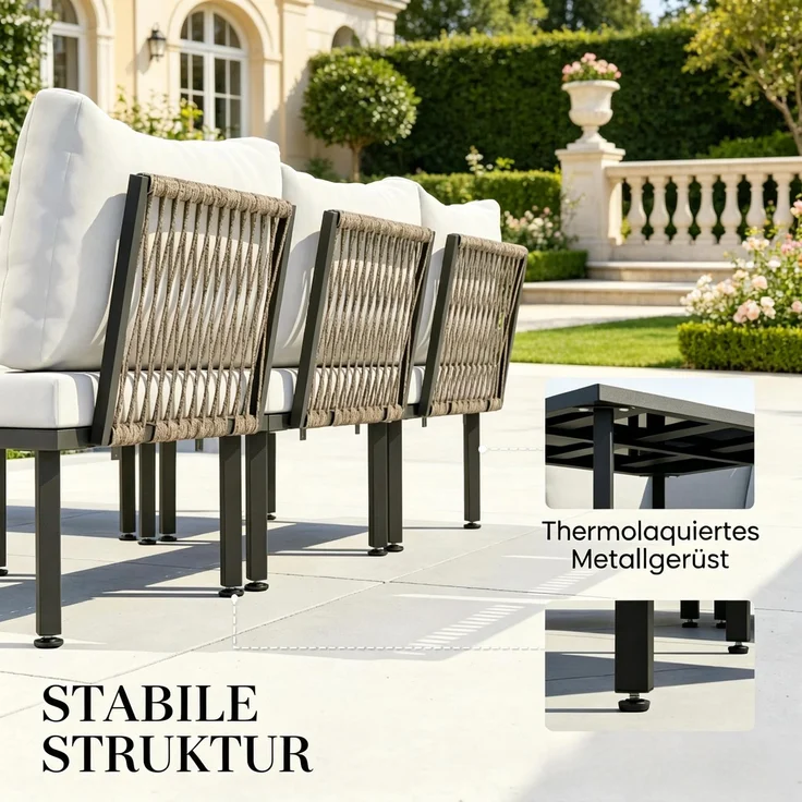 Gartenlounge-Set 6-teilig, modulare Terrassen-Sitzgruppe mit Sofa, 3 Sesseln, Fußhocker, Glastisch und Kissen, Schwarz / Hellgrau – Bild 7