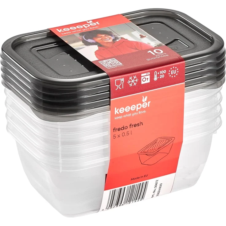 keeeper fredo fresh Frischhaltedosenset 5-teilig, 5x0,5 l, Crystal Grey (Transparent)
