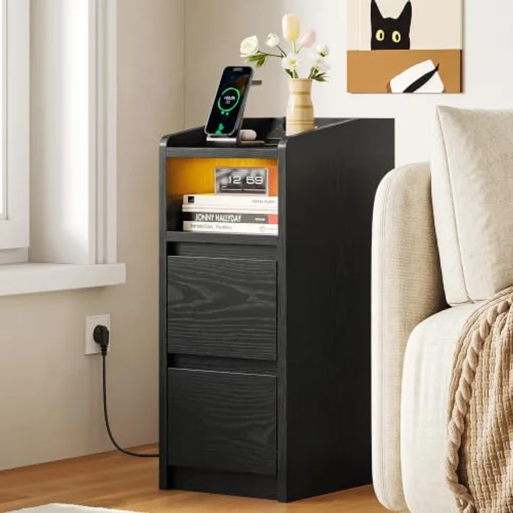 IRONCK Nachttisch 2er Set mit Ladestation und LED (Schwarz) | Weiß Nightstand mit 2 Schubladen, Nachtschrank für Schmale Räume Schlafzimmer, Wohnzimmer, Modern Narrow Bedside Table – Bild 6