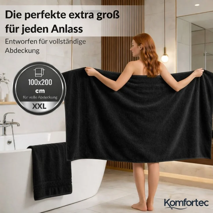 Komfortec Badetuch 100x200 cm aus 100% Baumwolle, Saunatuch XXL, Weich, Groß, Frottee, Schnelltrocknend, Schwarz – Bild 2