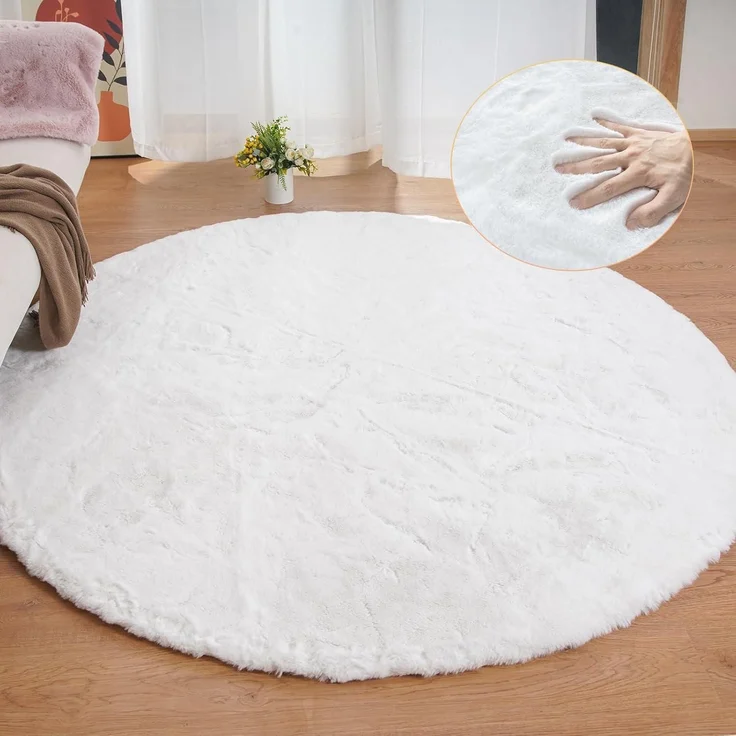 Teppich Kunstfell flauschig waschbar groß Wohnzimmer 240 cm Rund Weiß – Bild 1