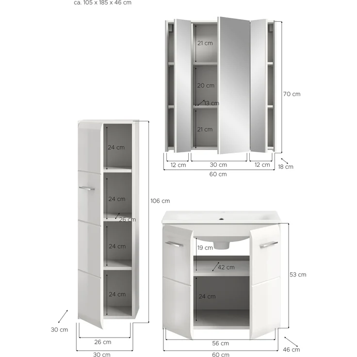 Badezimmer-Set >Ice< in Weiß / Weiß Hochglanz - 105x185x46cm (BxHxT) – Bild 5