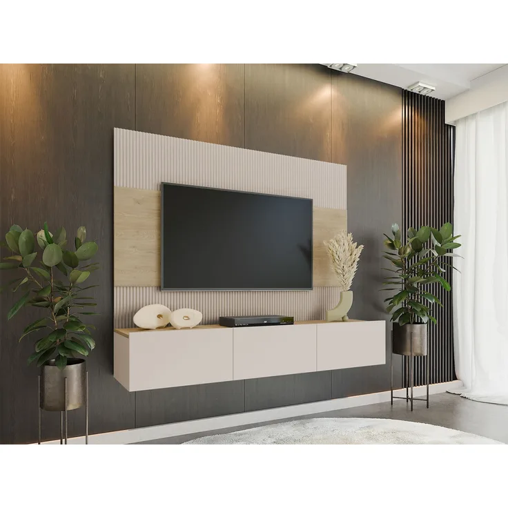 Wohnwand Deromi III, Griffloses Öffnungssystem (Farbe: Sandbeige + Eiche Cremona)