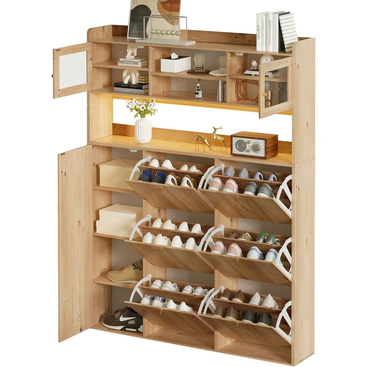 ZUBALIYA Schuhschrank (130 x 25 x 180 cm), 6 Klappfächer, LED - Beleuchtung, Stauraum für Flur und Eingangsbereich, Naturfarben – Bild 20